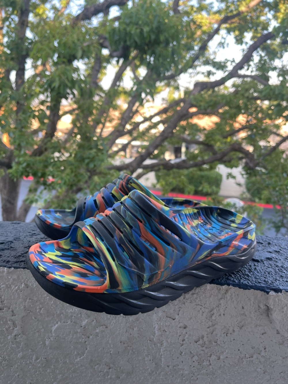 Hoka One One Multicolor Striped Slide Sandals (Blue, Orange, Yellow, Green) - Picture 3 of 6